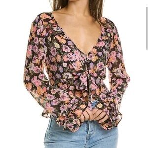 🔆 Free People Maybel Black & Pink Floral Blouse, Size Small